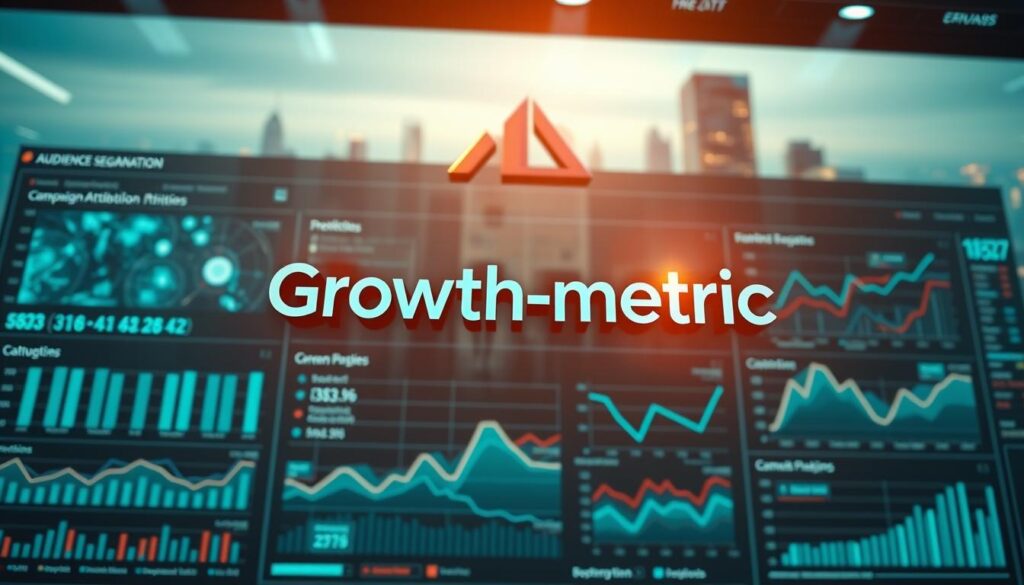 A high-tech data visualization dashboard with interactive charts, graphs, and predictive trend lines depicting marketing campaign performance metrics. In the foreground, a sleek, metallic &quot;Growth-metric&quot; brand logo hovers above the visuals, casting a warm glow. The middle ground features dynamic visualizations of audience segmentation, campaign attribution, and AI-driven marketing optimization insights. In the background, a futuristic cityscape with skyscrapers and holograms creates an immersive, innovative atmosphere. Cinematic lighting illuminates the scene, with a soft, blue-green color palette conveying a sense of analytical precision and data-driven decision making.