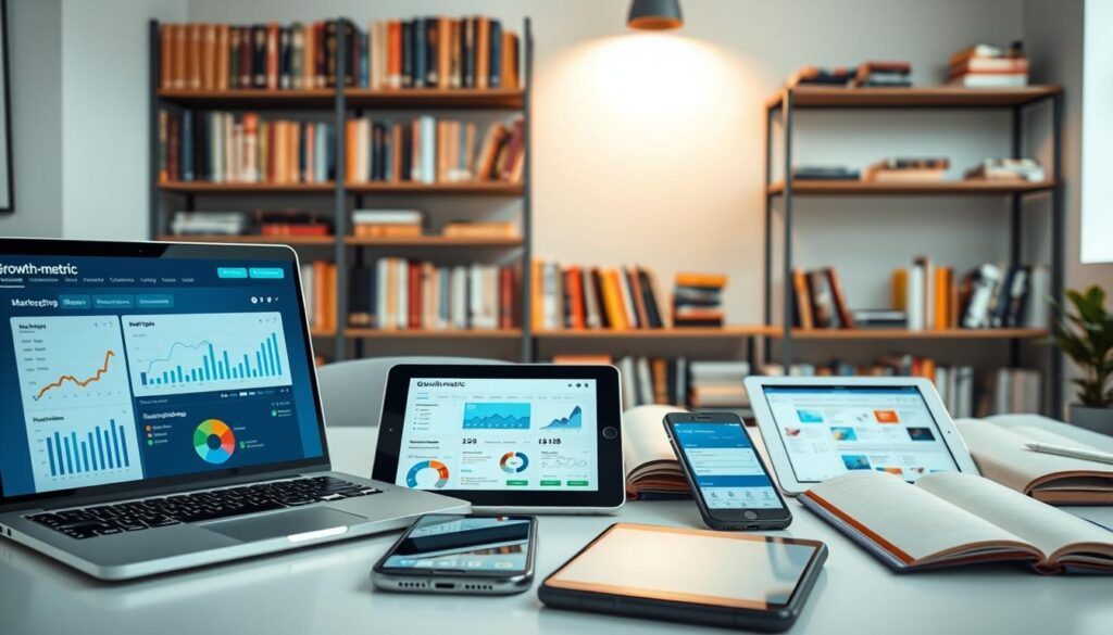 A professional, clean, well-lit scene depicting a variety of AI-powered marketing tools and analytics for a small business. In the foreground, a laptop displays the &quot;Growth-metric&quot; brand dashboard, showcasing data visualizations, performance metrics, and predictive insights. In the middle ground, various digital devices like tablets and smartphones lay open, each displaying different marketing app interfaces - email, social media, SEO, and advertising platforms. The background features shelves filled with books on marketing, data science, and entrepreneurship, conveying an atmosphere of productivity and growth. The lighting is soft, directional, accentuating the technological elements. The overall mood is one of organization, efficiency, and a sense of AI-driven empowerment for a small business owner.